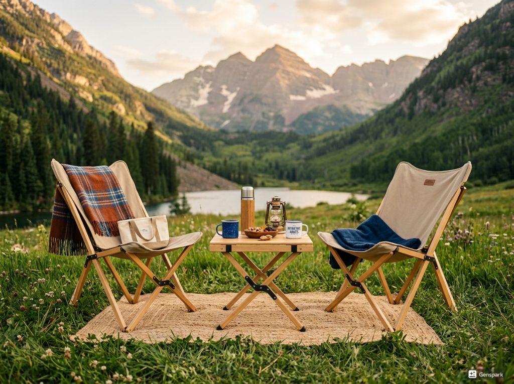 Dua kursi lipat camping menghadap gunung saat sunset